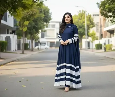 Blue Applique Crinkle Chiffon Maxi Set for Women